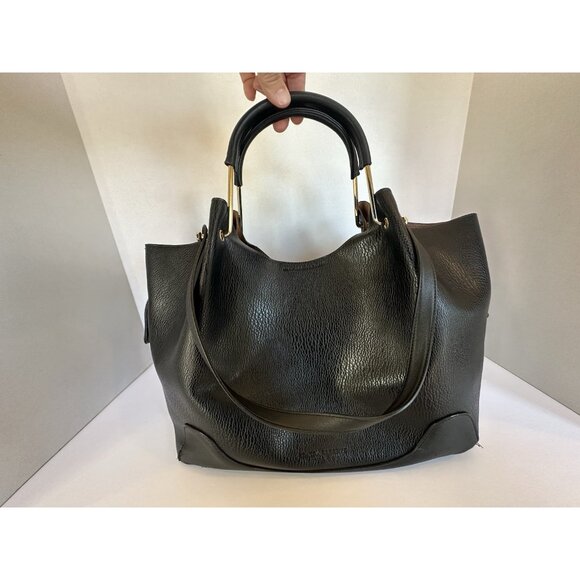 Sondra Roberts Squared Large Shoulder Bag Purse Black Gold Vegan Leather Clean - Picture 2 of 16